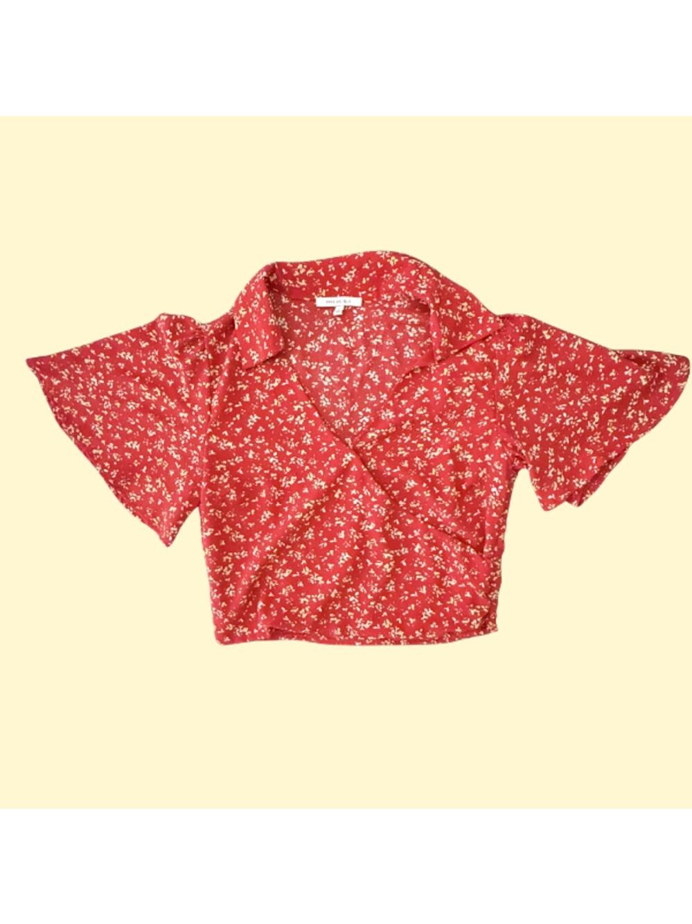 Skies Are Blue Anthropologie Red Floral Flutter Sleeve Crop Blouse Size XS